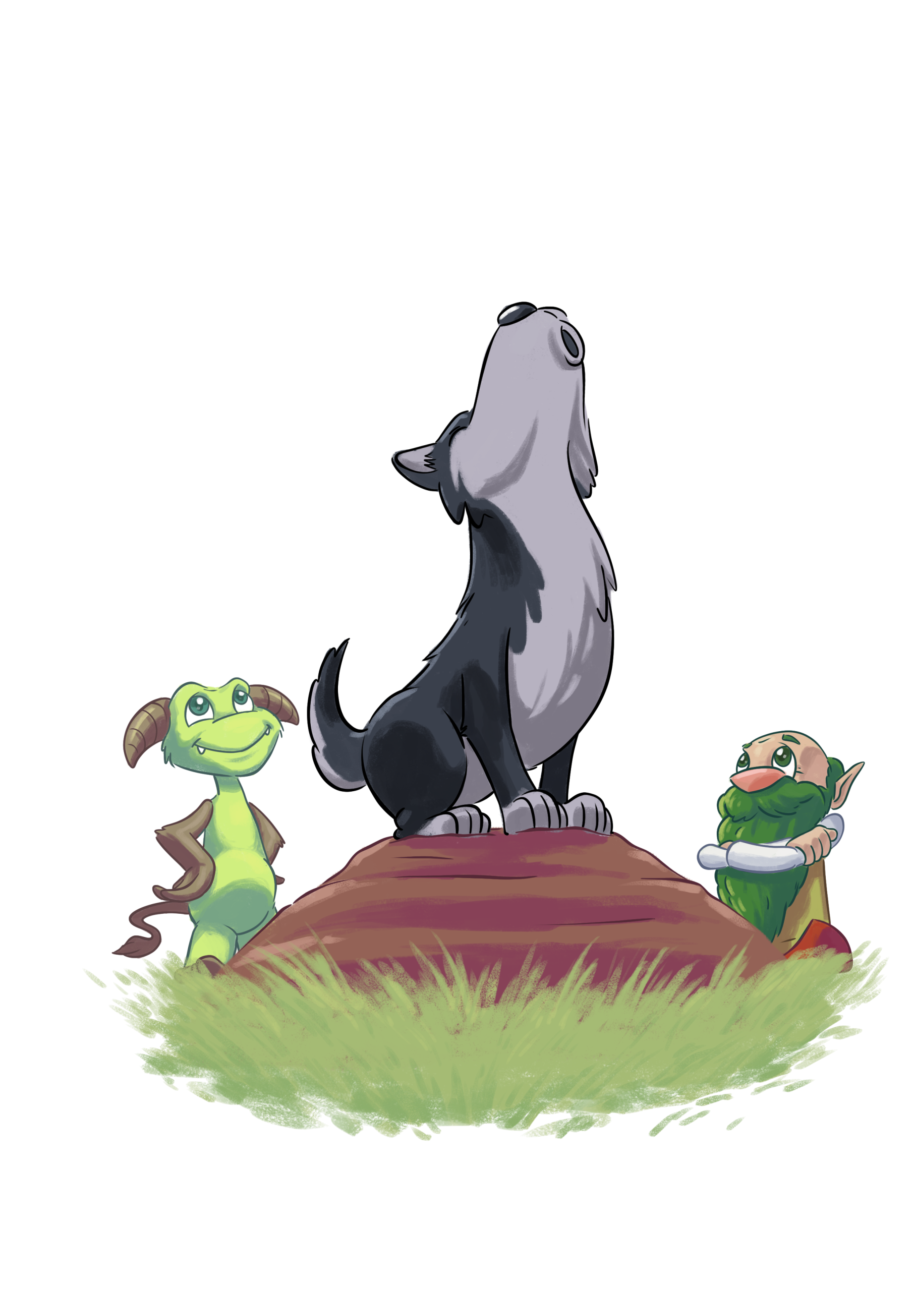 Husky Kids Illustration von einem heulenden Husky und 2 süßen kleinen grünen Monstern